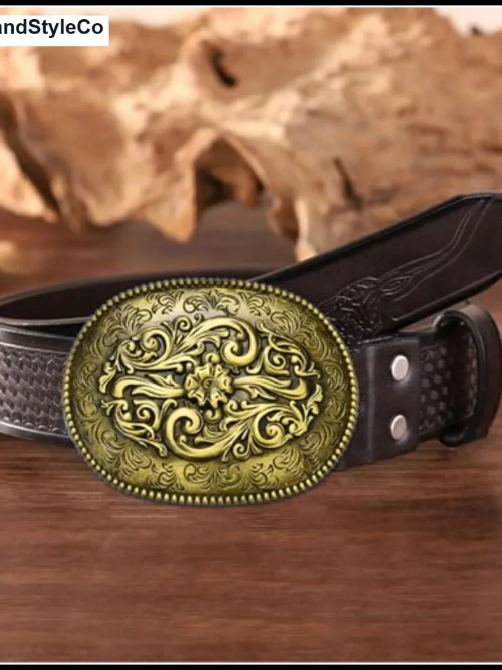 Western Belt Buckle for Men Antique Engraved Flower Zinc Alloy Snap On